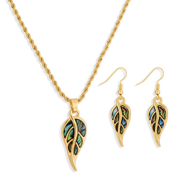 Set Of Hawaiian Abalone Leaf Earrings And Necklace for wholesale by S&T Collections