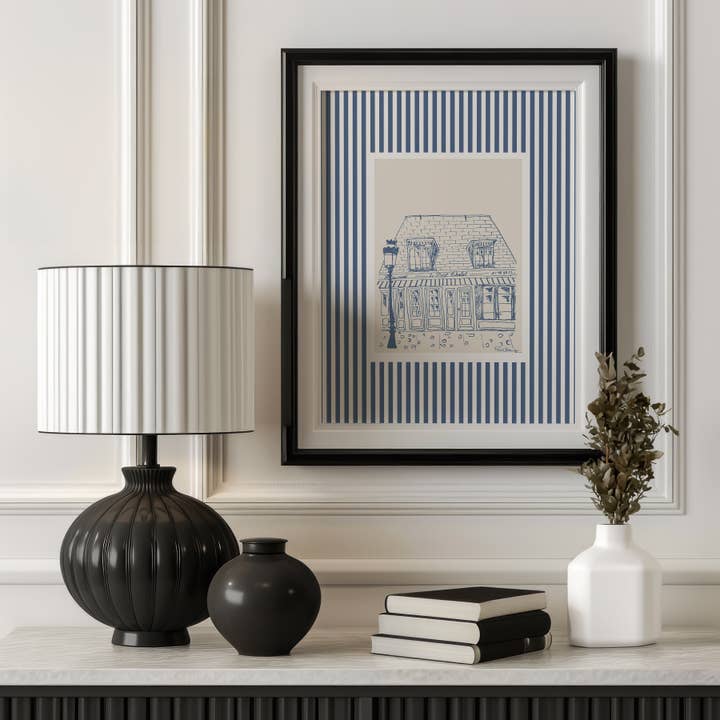 'Le Petit Chalet on Stripes' Giclee Fine Art Print for wholesale by Pascale Berkowitz Studio Art