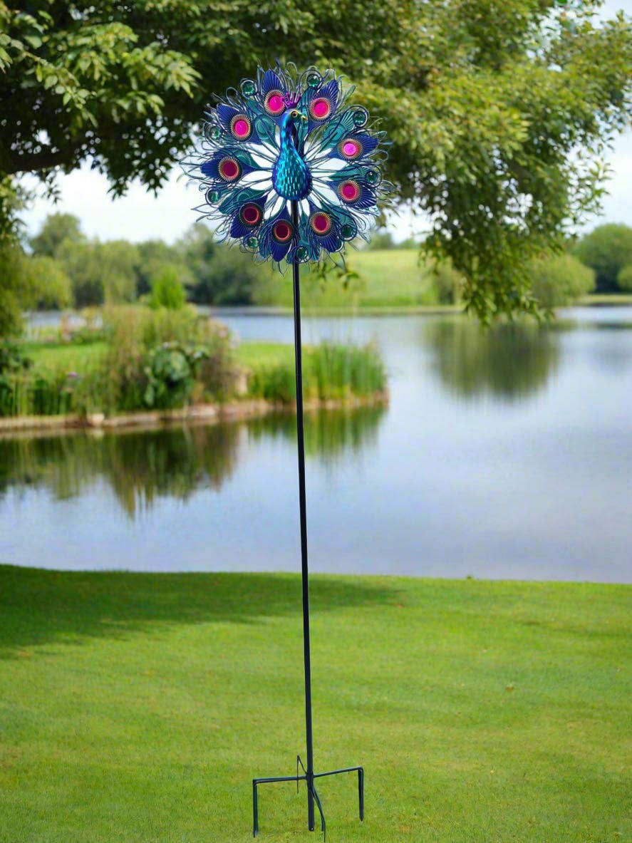 Marissa's Gifts – wholesale Wind spinner – Handmade Aurora peacock powder coated garden wind sculpture spinner measuring 150cm