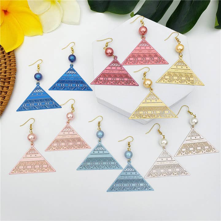 Carved Pyramid Earrings Sustained With A Pearl In Different Colors for wholesale by S&T Collections