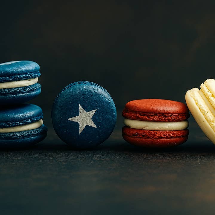50 Pack Assorted French Macaron, The American Flag | Red, Na for wholesale by macaron centrale