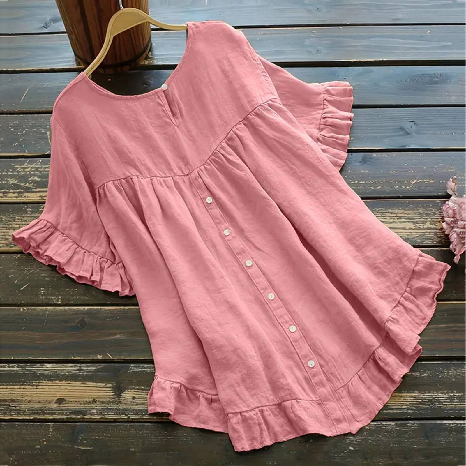 Whisper Mint - Wholesale Blouse - Women's - ruffles short sleeve linen blouses tops4