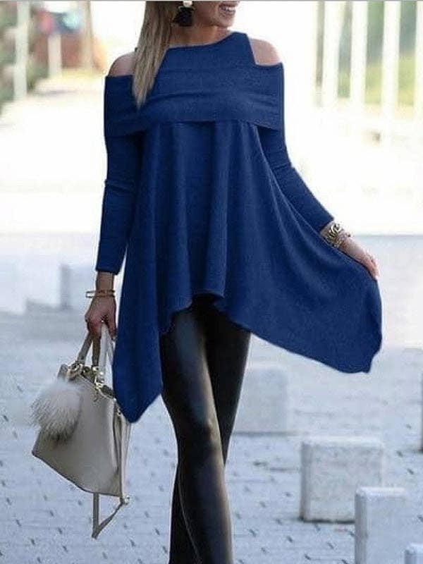 Plush Looks – Großhandel Tunika – Damen – Einfache, lockere, hohle, einfarbige T-Shirts mit kalter Schulter0