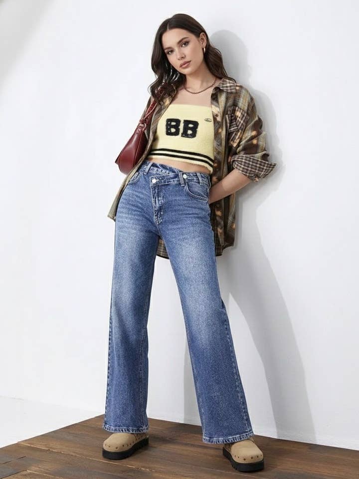 Damejeans med brede ben og asymmetrisk snit – Høj talje for engroshandel hos ESTEE BROWN