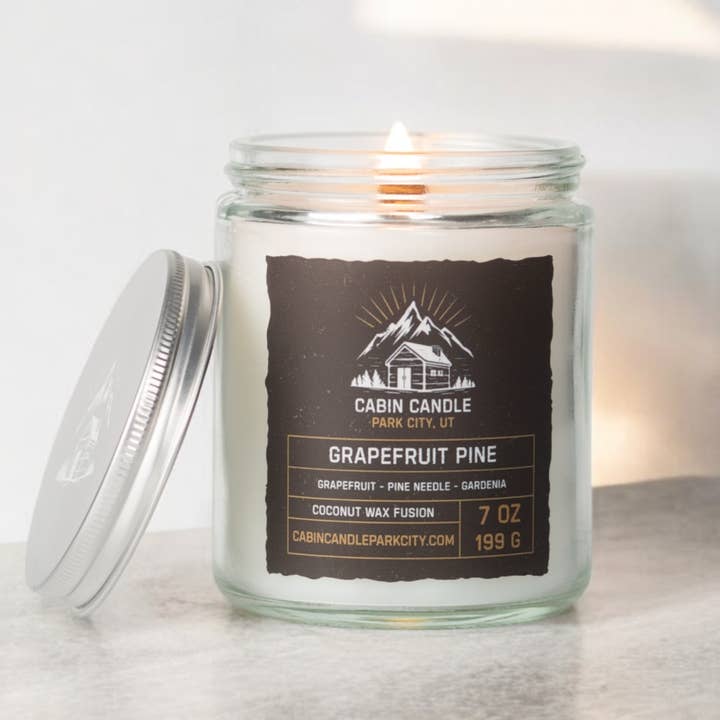 Wooden wick scented candle 7oz, Cabin Candle Park City for wholesale by Cabin Candle Park City