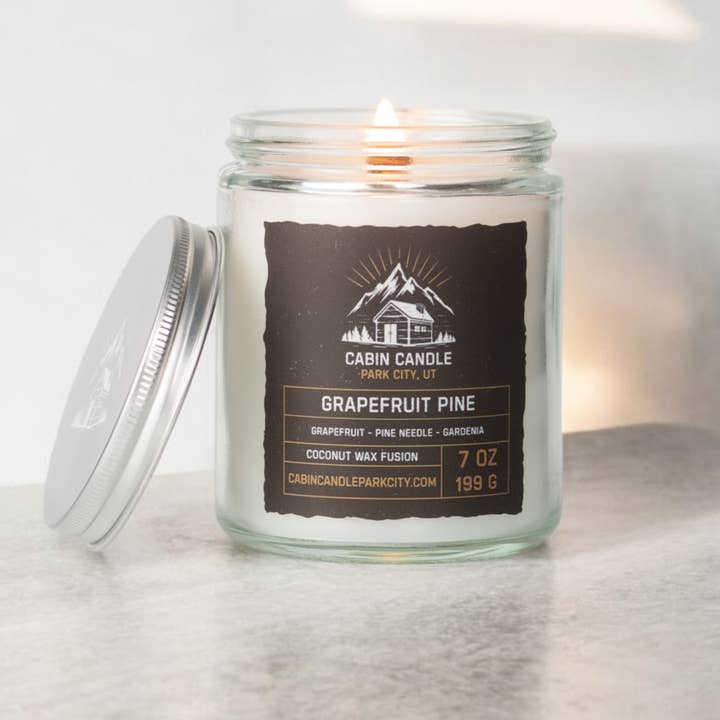 Grapefruit Pine Wooden Wick Cabin Candle -Handmade Park City for wholesale by Cabin Candle Park City