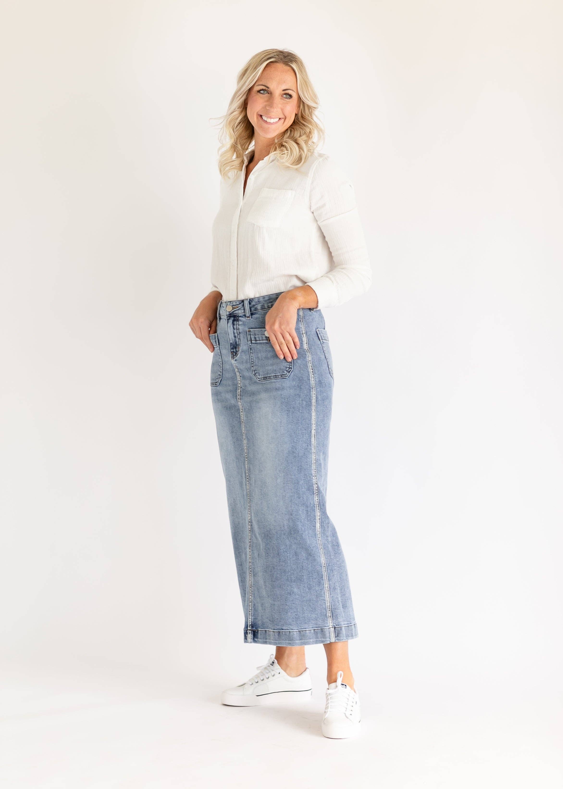 Inherit Clothing Company – wholesale Kjol - Dam – Elin Främre Ficka Maxi Jeanskjol1