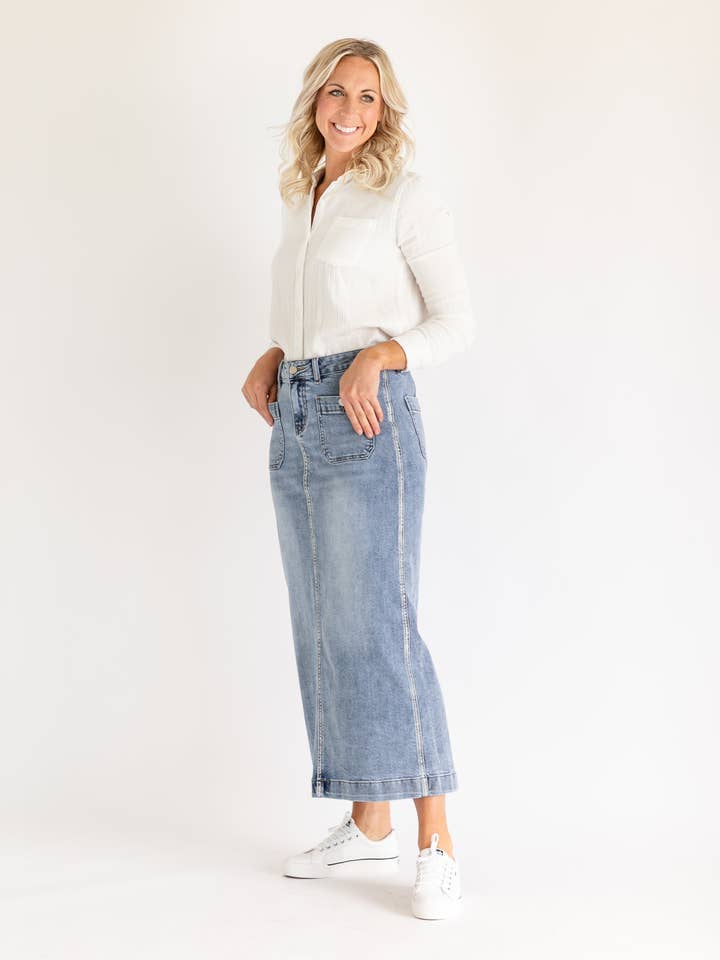 Inherit Clothing Company – wholesale Kjol - Dam – Elin Främre Ficka Maxi Jeanskjol1