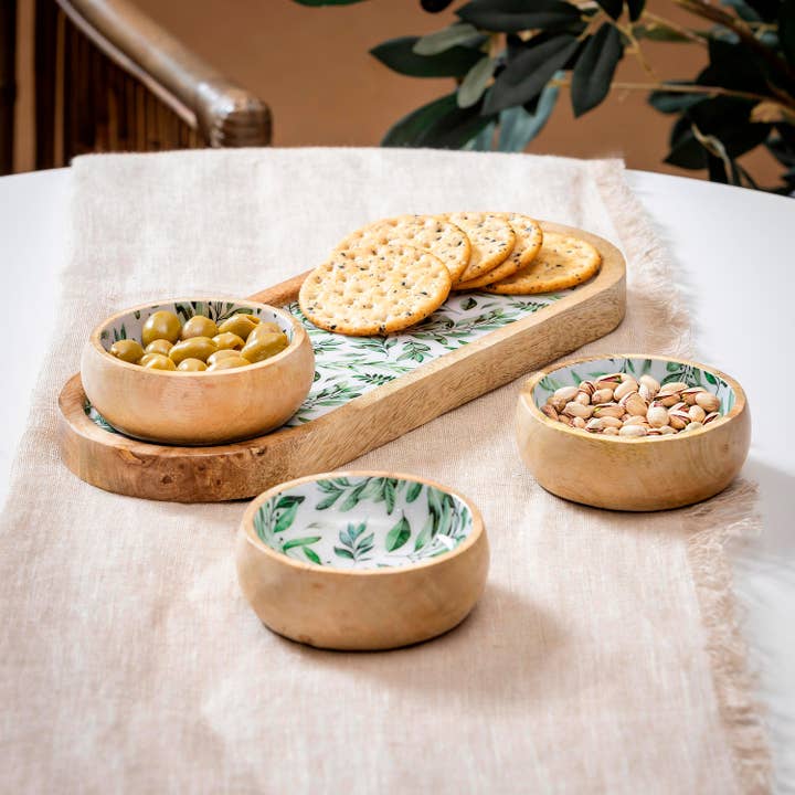 Olive Oasis 3-Section Wood Server with Bowls, 13"L for wholesale by Evergreen Enterprises