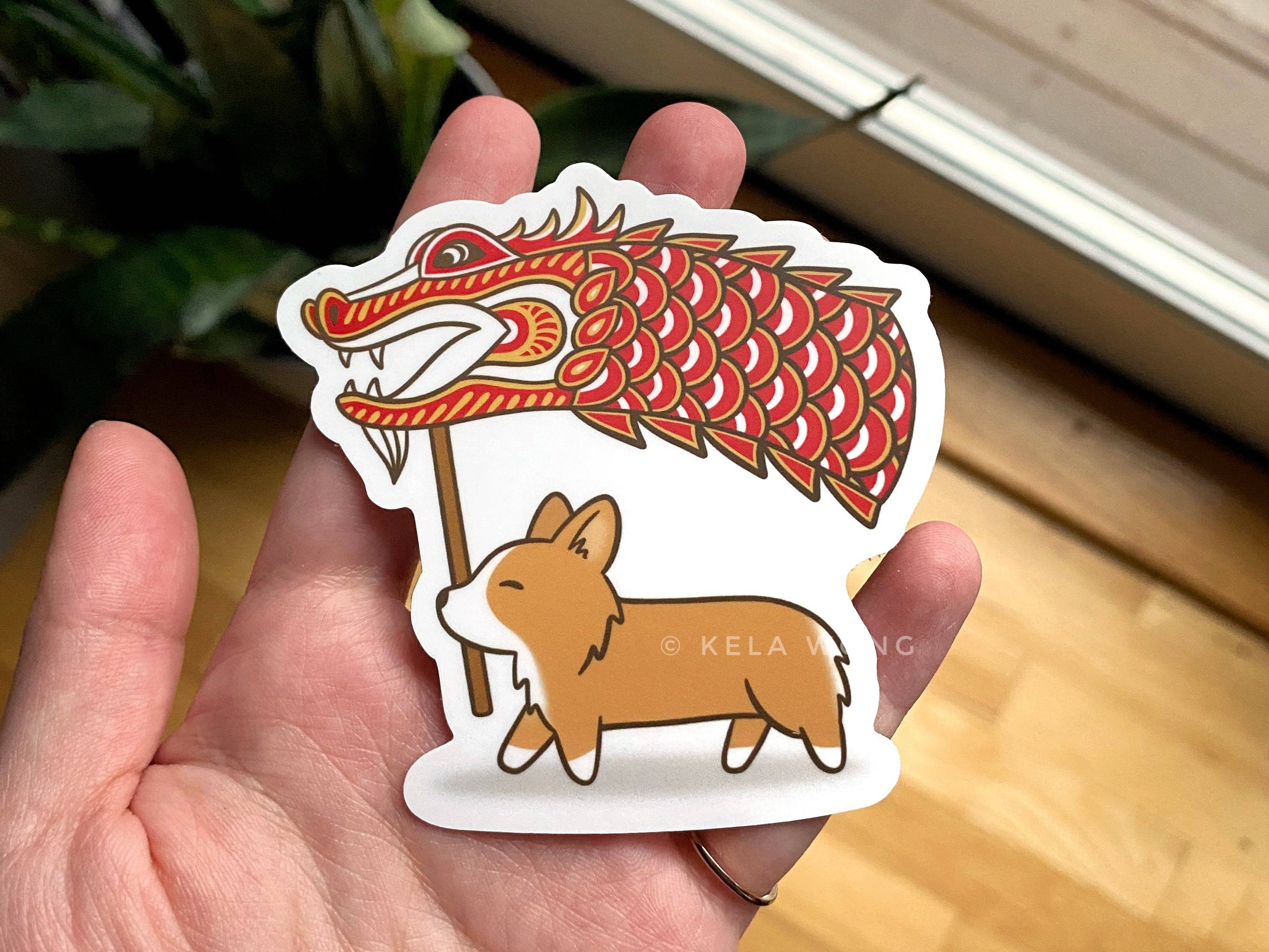 Kela Designs - Wholesale Sticker - Dragon Corgi vinylsticker voor het nieuwe jaar op de maan3