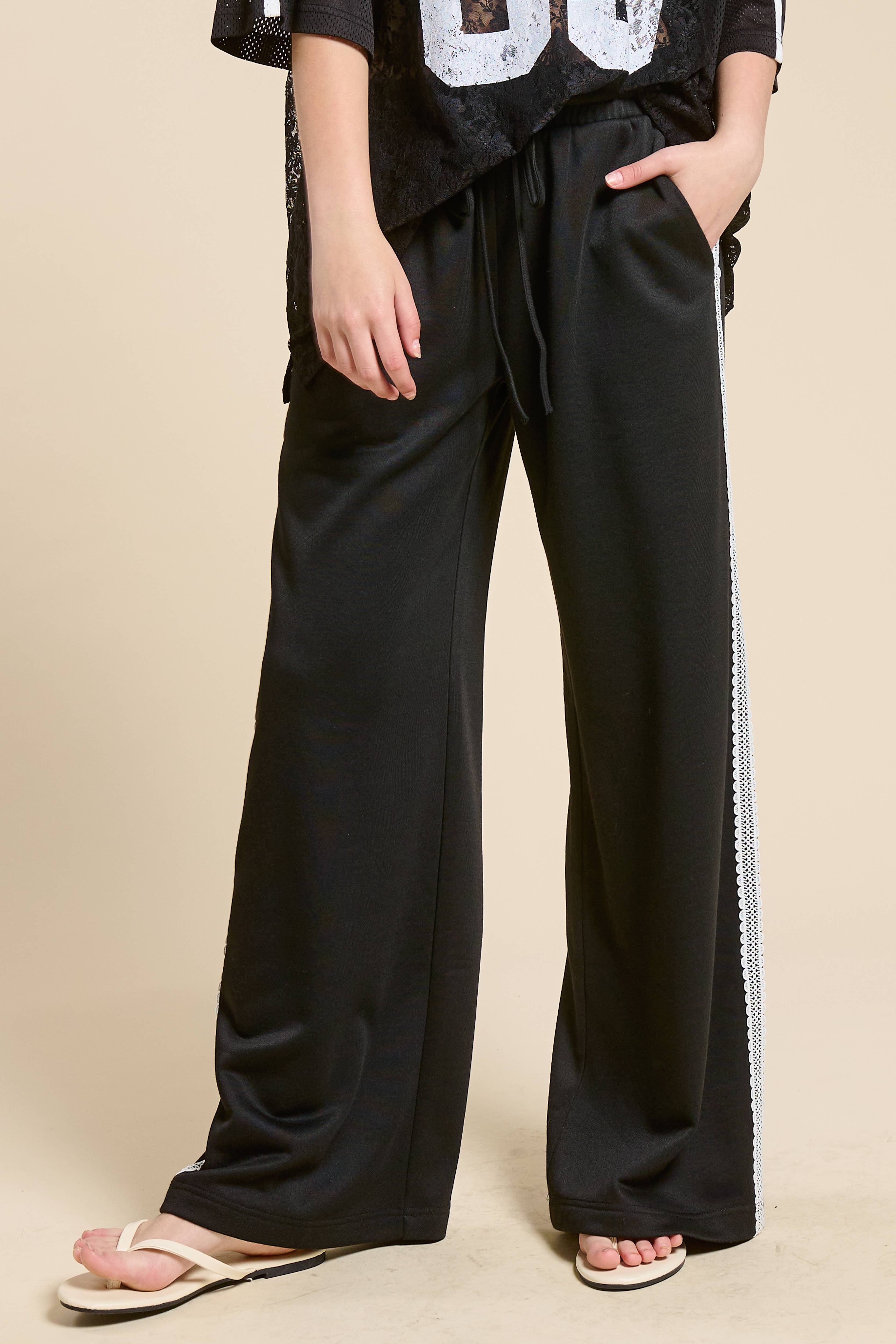 Black Lace Trim Wide Leg Track Pants with Drawstring Waist for wholesale on Faire4