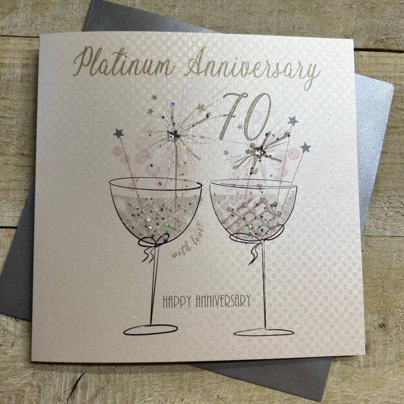 White Cotton Cards - Wholesale Anniversary Card - 70 Platinum - 2 Sparkler Coupe Glasses (BD170)0