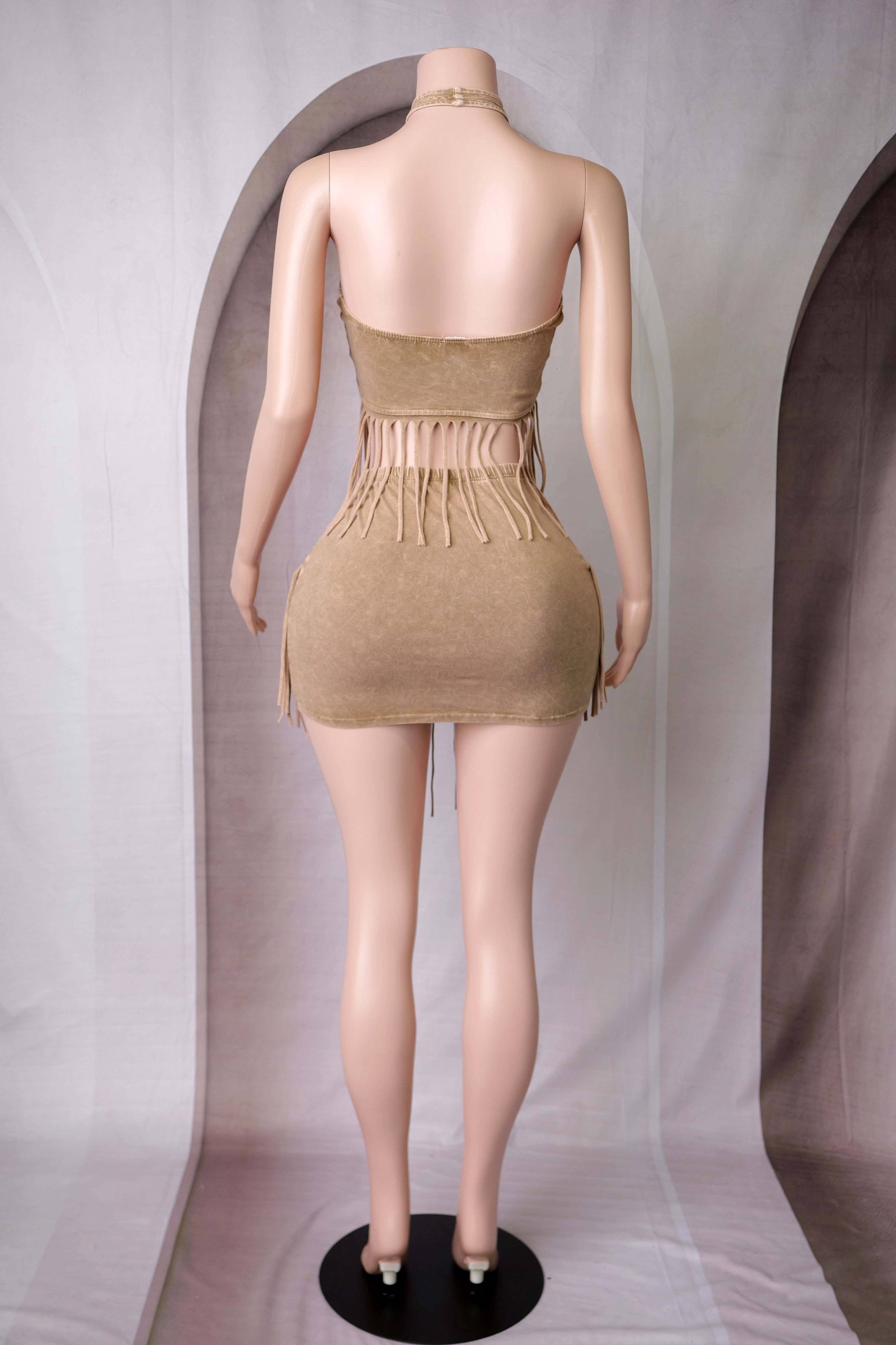 Cocoa Cream MINERAL WASH FRINGE HALTER TOP & SKIRT SET for wholesale on Faire3