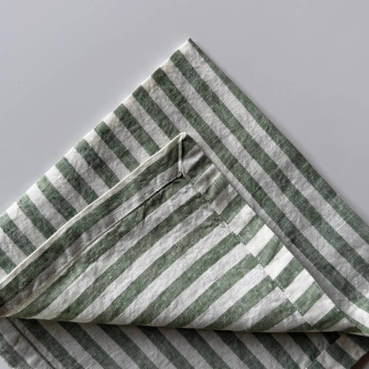 Linen Dinner Napkin - Green and White Stripe for wholesale by Farmer’s Son Co.