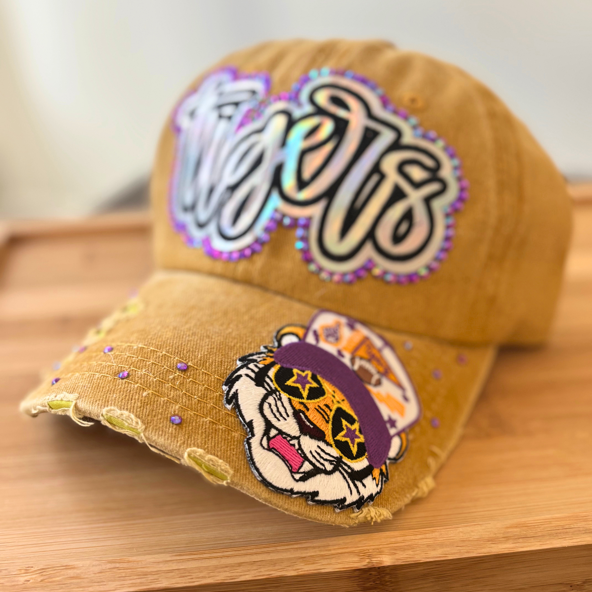 Page and Riggs Designs, LLC - Wholesale Baseball Cap - Women's - Tigers Game Day Hat – Mustard with Bling & Mascot Patch1