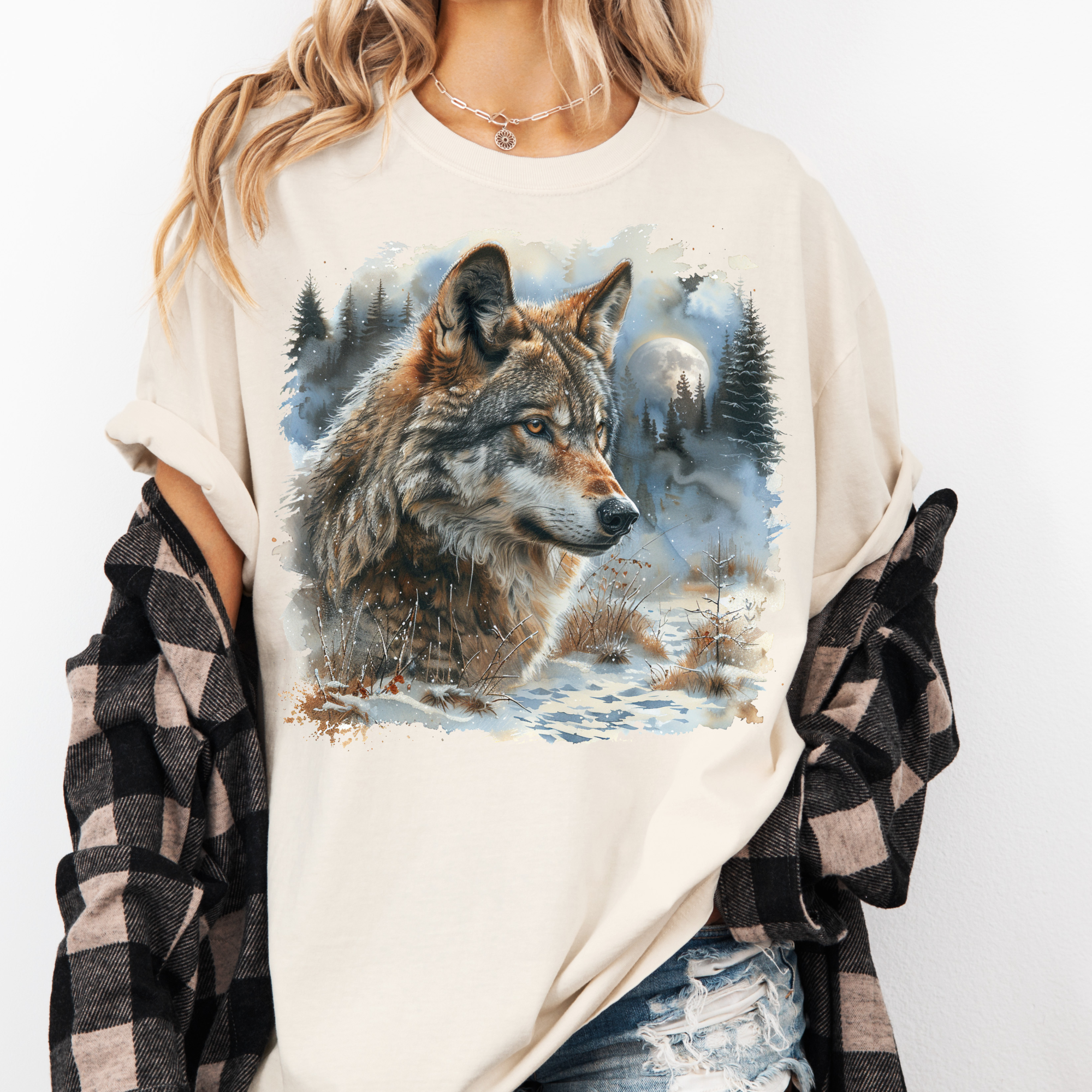 Madi Moosh - Wholesale T-Shirt (Graphic) - Unisex - Retro Wolf Howling At The Moon Wilderness Shirt - Printed On Comfort Colors0