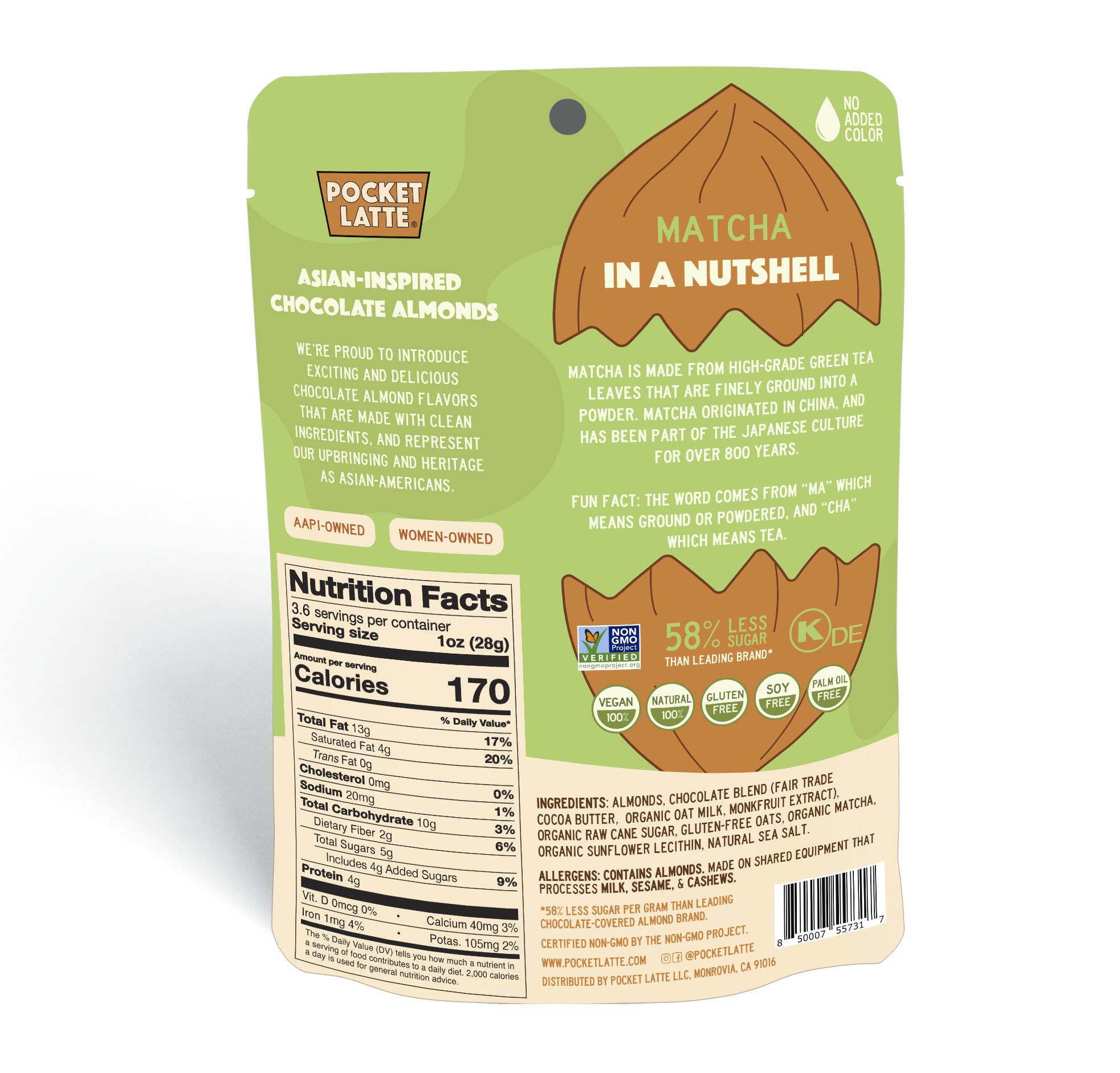 Pocket's Chocolates (Formerly Pocket Latte) - Vente Friandises enrobées de chocolat - Amandes au chocolat matcha, sachet debout de 3,53 oz3