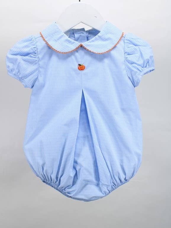 Natalie Pumpkin Bubble Romper for wholesale by Baby Blessings Clothing