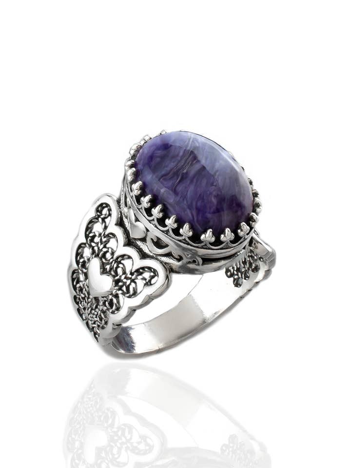 Kunst Doppelherz Charoit Edelstein Damen Silberring für den Großhandel von Filigranist Jewelry