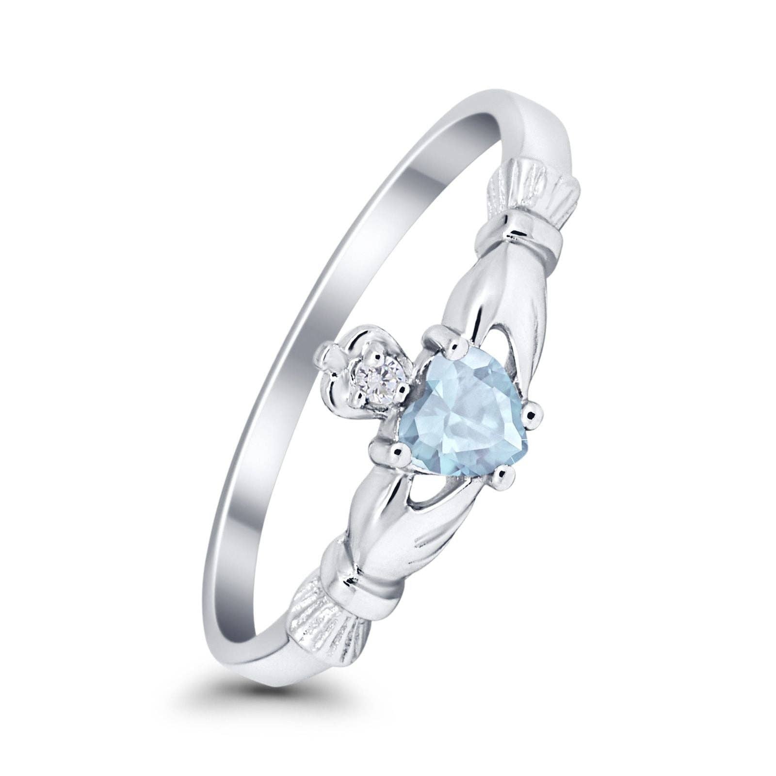 Claddagh Heart Promise Ring Simulated Aquamarine CZ for wholesale on Faire1