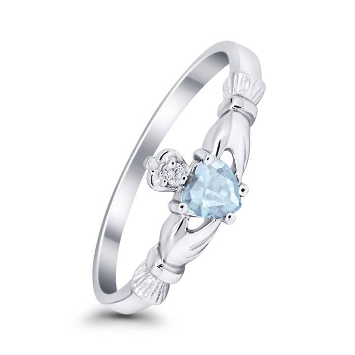 Claddagh Heart Promise Ring Simulated Aquamarine CZ for wholesale on Faire1
