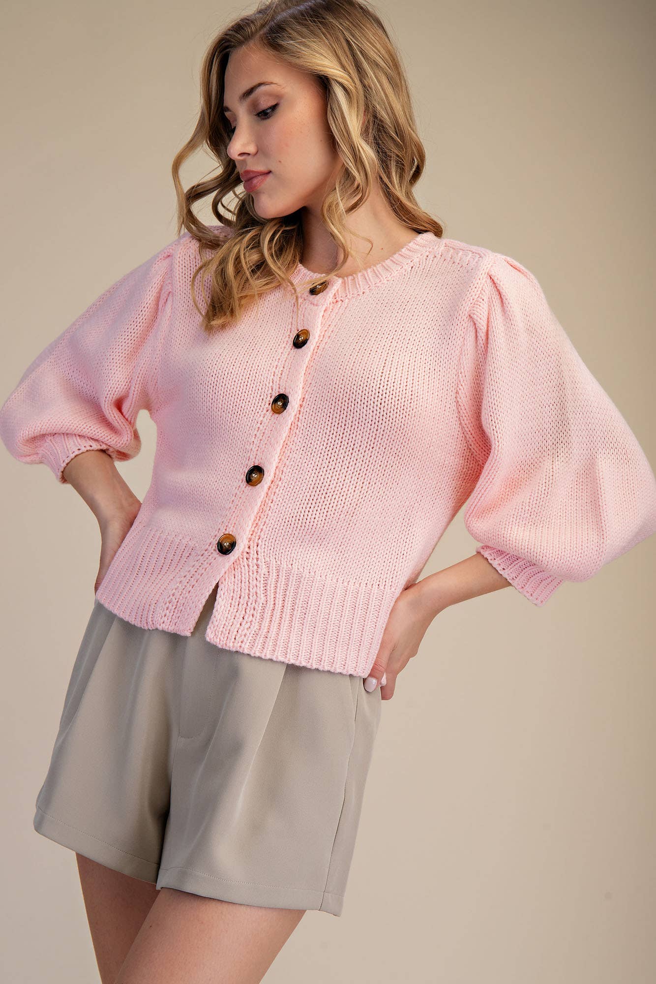 Glam - Wholesale Knit Sweater - Women's - Short Puff Sleeve Button Down Sweater - Reorder Friendly25