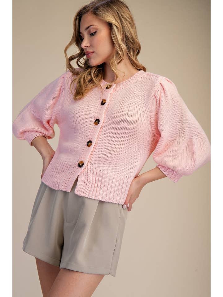 Glam - Wholesale Knit Sweater - Women's - Short Puff Sleeve Button Down Sweater - Reorder Friendly25