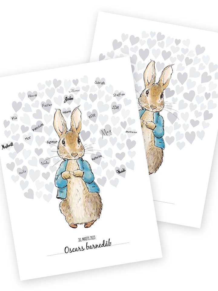 Cartaz de convidados com corações azuis e Peter Rabbit por atacado de Mouse and Pen Illustration ApS