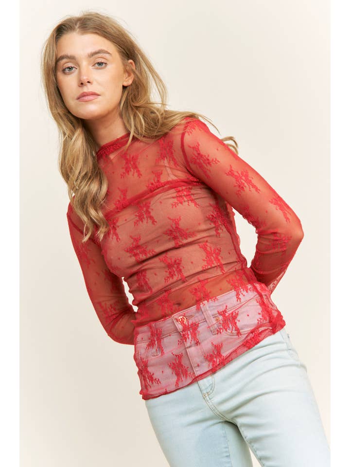 Sweet Generis - Wholesale Knit Top - Women's - MESH LACE HIGH NECK DESIGN LONG SLEEVE FITTED TOP27