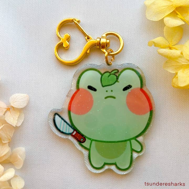 Porte-clés en acrylique à paillettes Angy Froggy with a Knife pour la vente par tsunderesharks