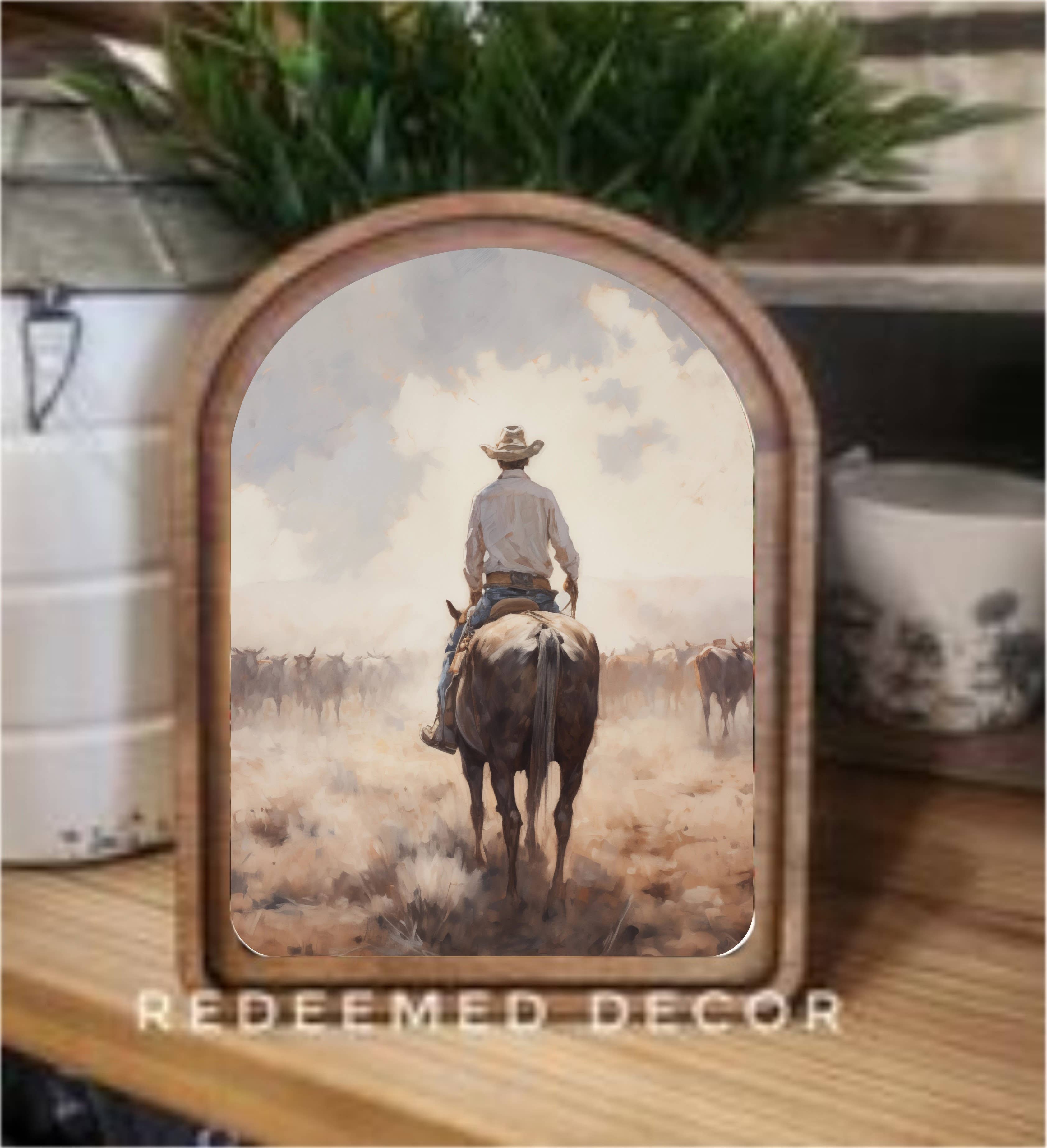 Redeemed Decor - Wholesale Wood Wall Art - Arch Top Cattle Drive Framed Art