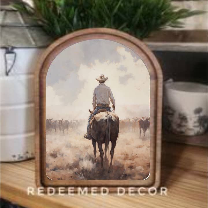 Redeemed Decor - Wholesale Wood Wall Art - Arch Top Cattle Drive Framed Art 0