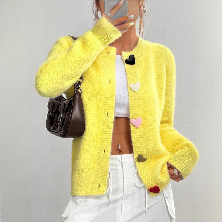 Yellow Women's Solid Color Knit Cardigan with Heart Buttons for wholesale on Faire3