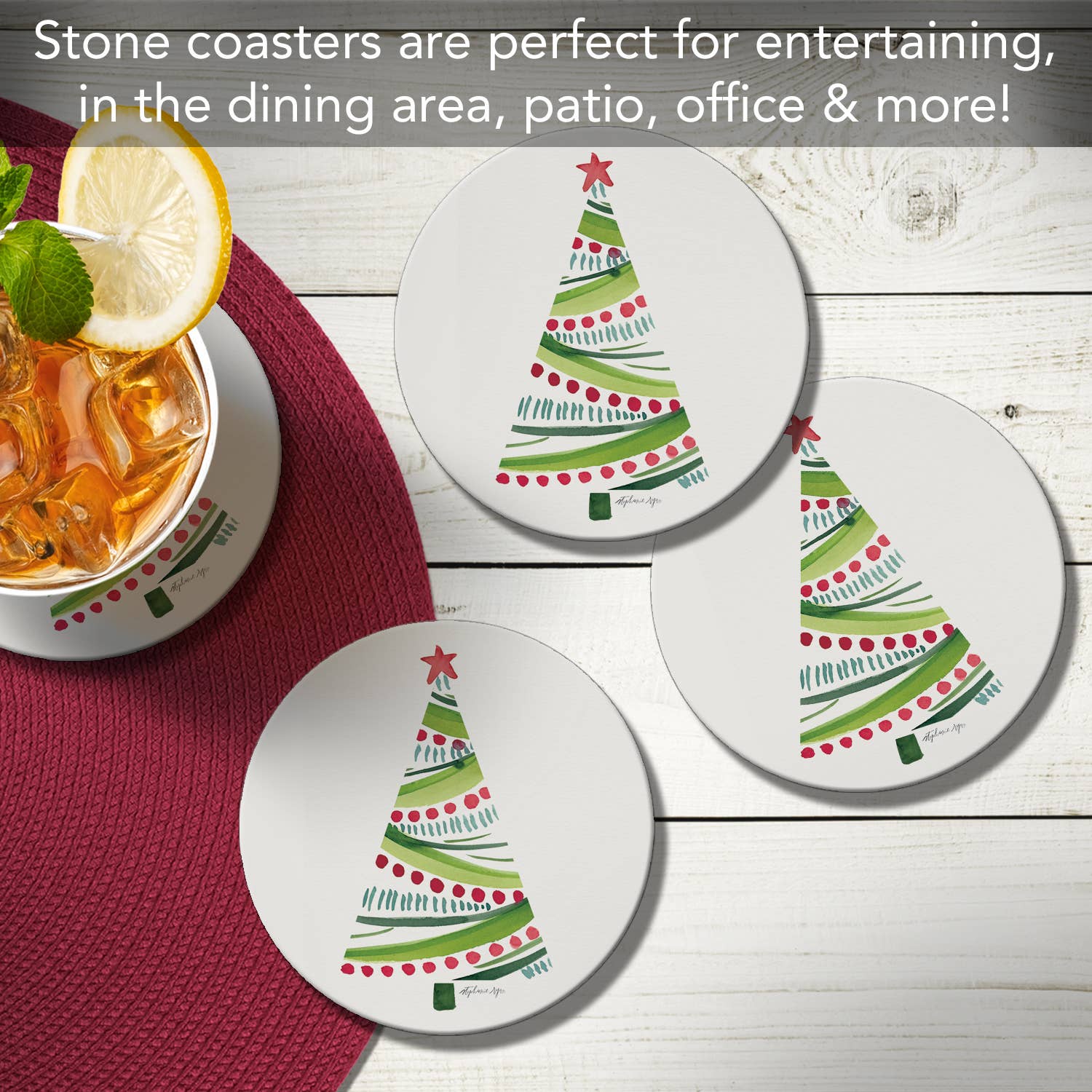 Conimar Promotions - Wholesale Coasters - "Holiday Wishing Tree" 4 Pack Round Stone Coasters 5