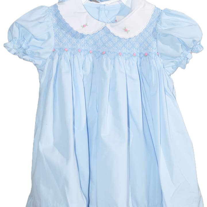 Blå geometrisk rynkad med rosor kortärmad klänning & vacker hätta för wholesale av Hello Bebes!