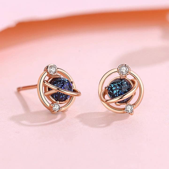 Perimade & Co. LLC - Wholesale Stud/Post Earrings - Planet Saturn Space Stud Earrings in 925 Sterling Silver