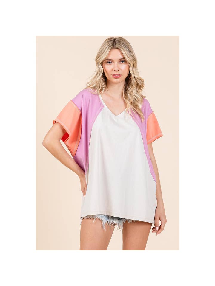 mittoshop – Túnica - Mulher por atacado – TOP DE MALHA DE MANGA CURTA EM BLOCO COLORIDO DE GRANDES DIMENSÕES26