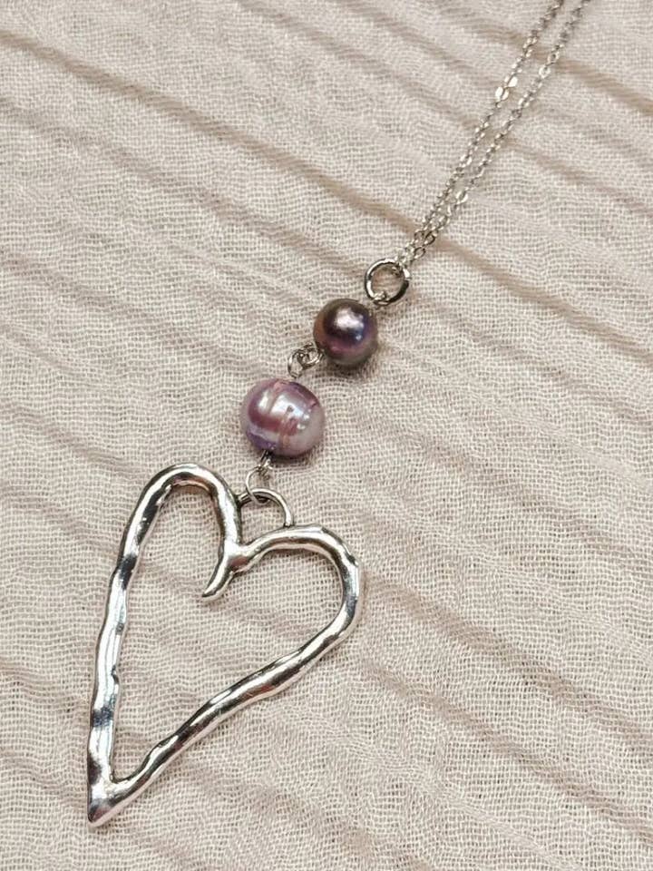 Hammered Heart Pearl Necklace for wholesale by Wake Up & Glow