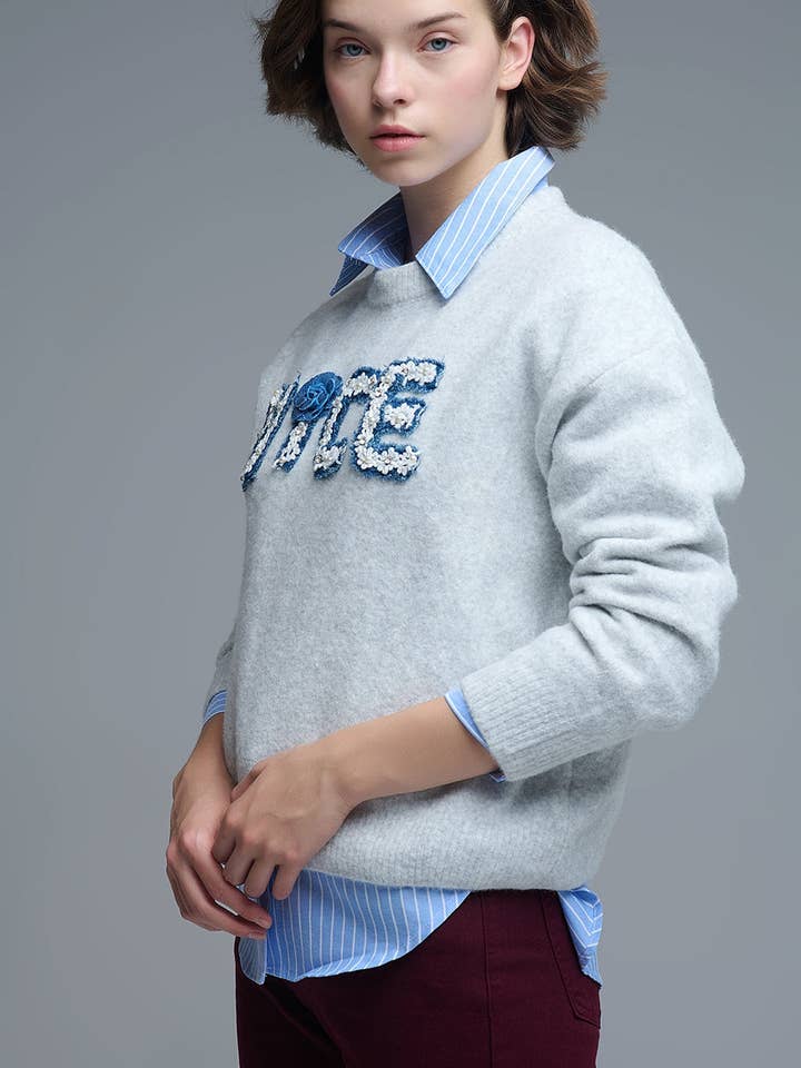 GRAY Grey Round Neck Sweater With Embroidered Nice for wholesale on Faire4