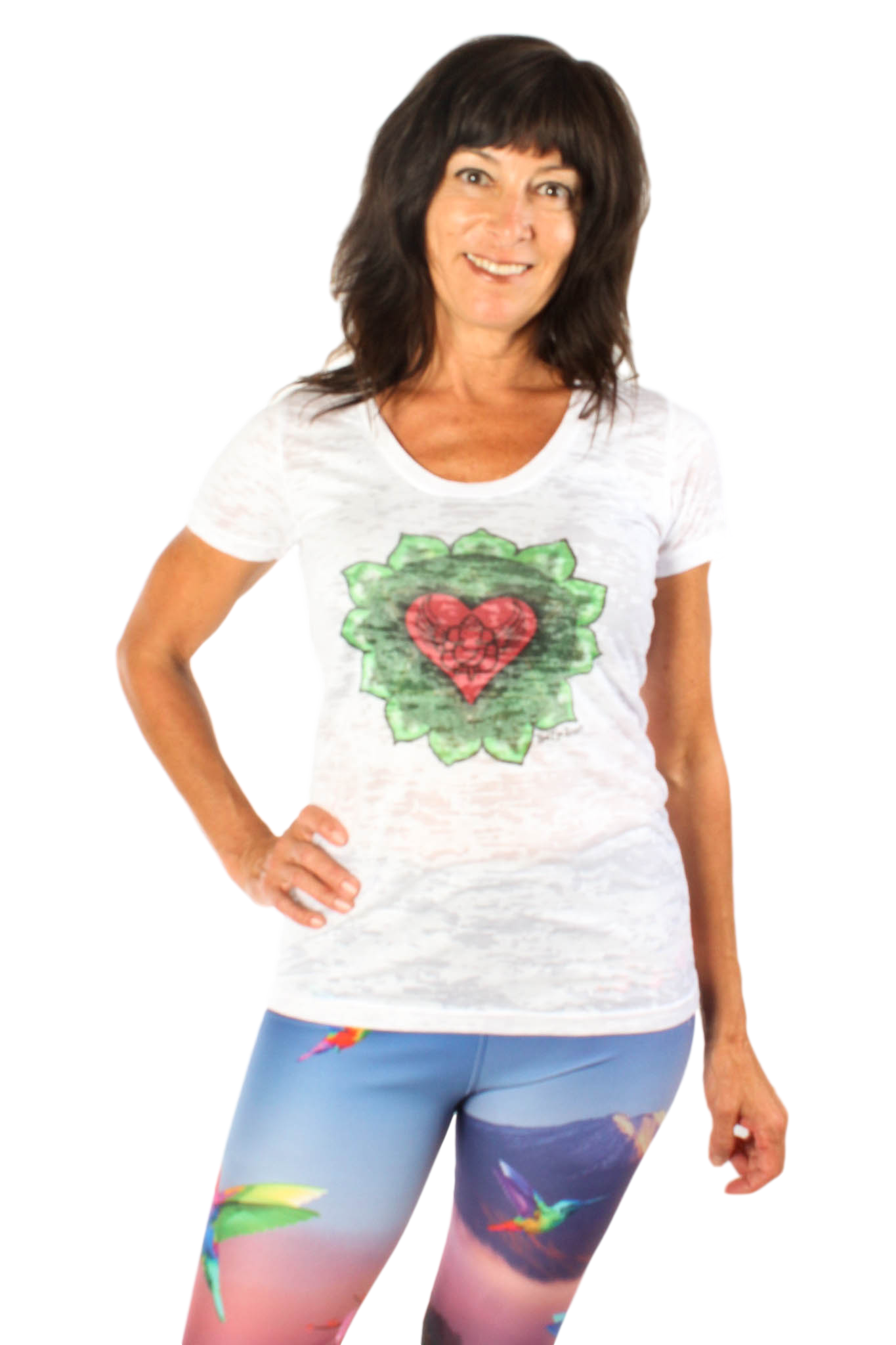 Third Eye Threads - Vente T-shirt sérigraphié – femme - Chakra du cœur sur le devant avec dos plein Chakra sur le col bateau Burnout Crew5