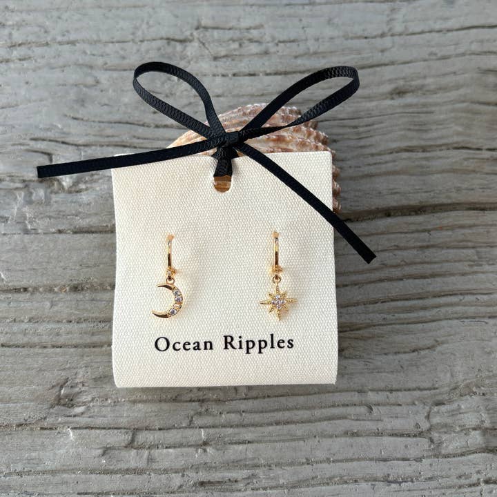 14ct Gold Plated Star and Moon Huggie Earrings for wholesale by Ocean Ripples