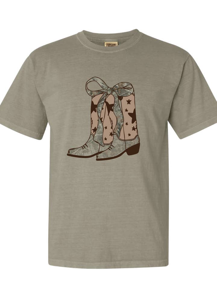 Cowgirl Camo Boots with Bow Tee for wholesale by Camo Girl Outfitters
