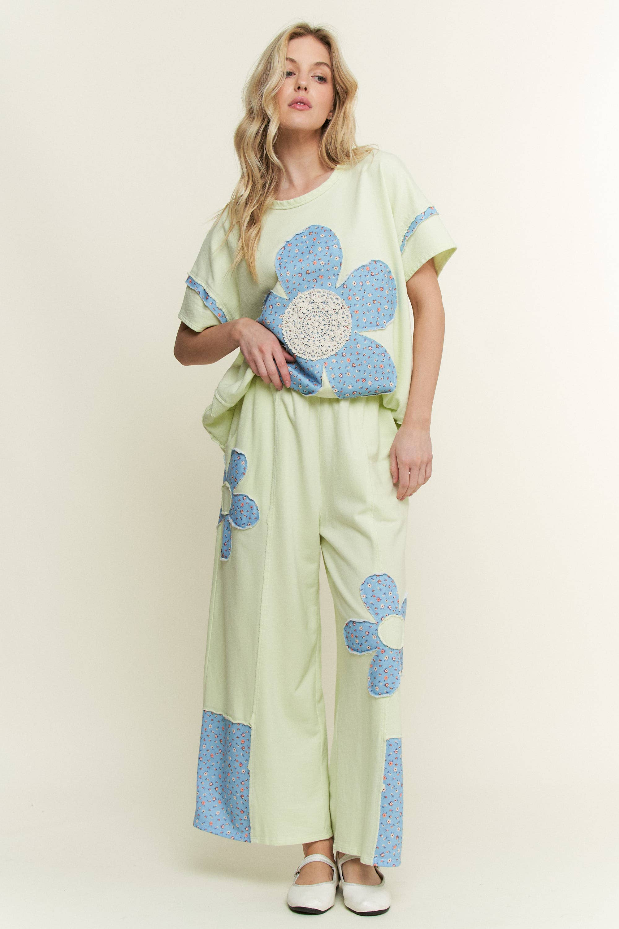 J.Her - Vente Pantalon – femme - Pantalon en molleton de coton avec patchs de fleurs HP651112