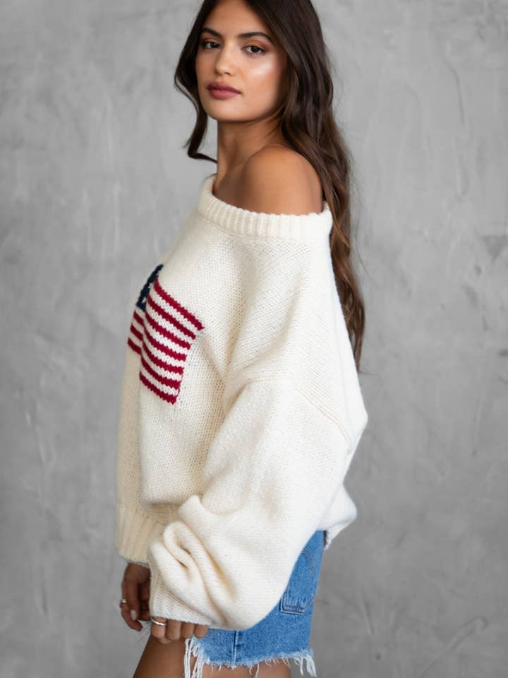 TICTOC - Wholesale Knit Sweater - Women's - BRANDI American Flag Knit Off The Shoulder Boat Neck Sweater2