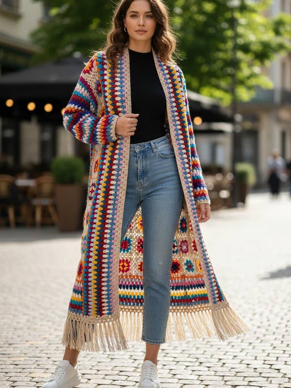 Lange gehaakte kimono met franjes voor wholesale door SAACHI