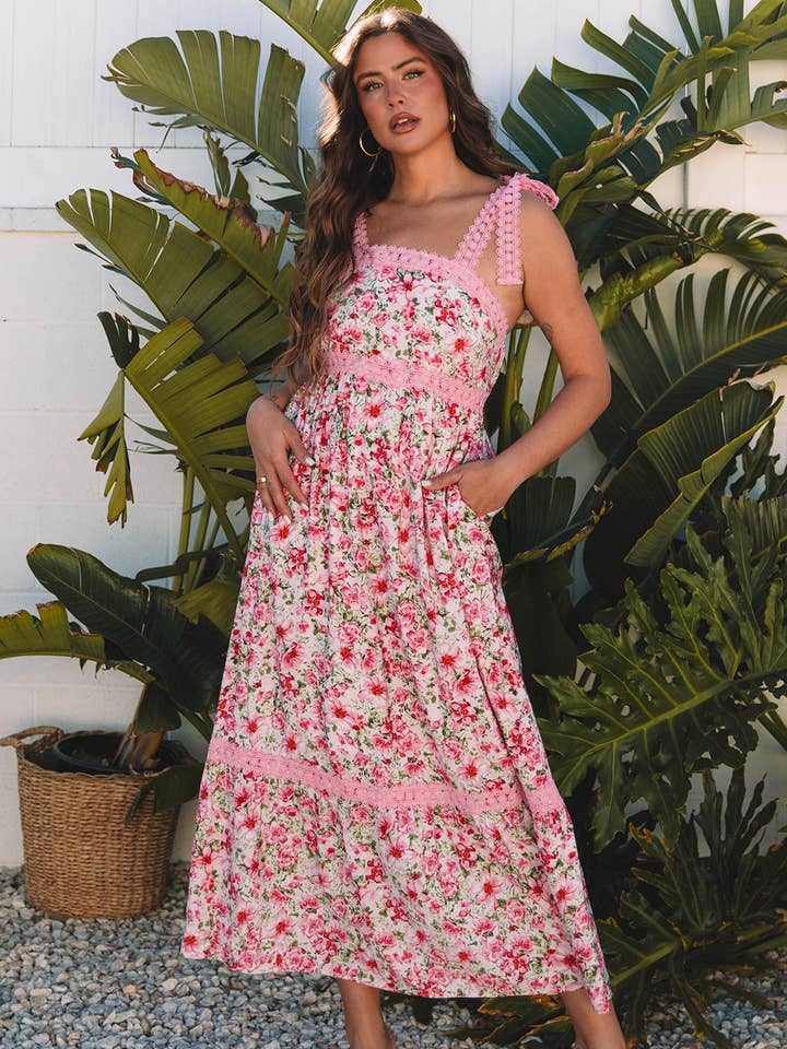 Pink Floral Lace Tied Strap Empire Waist Maxi Dress for wholesale by Our Home to Yours Candles & Gifts