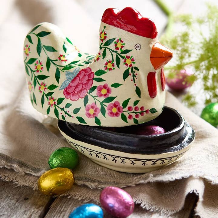 Easter Hen Chocolate Box | Pink & Ivory Flowers for wholesale by Dalit Goods Co