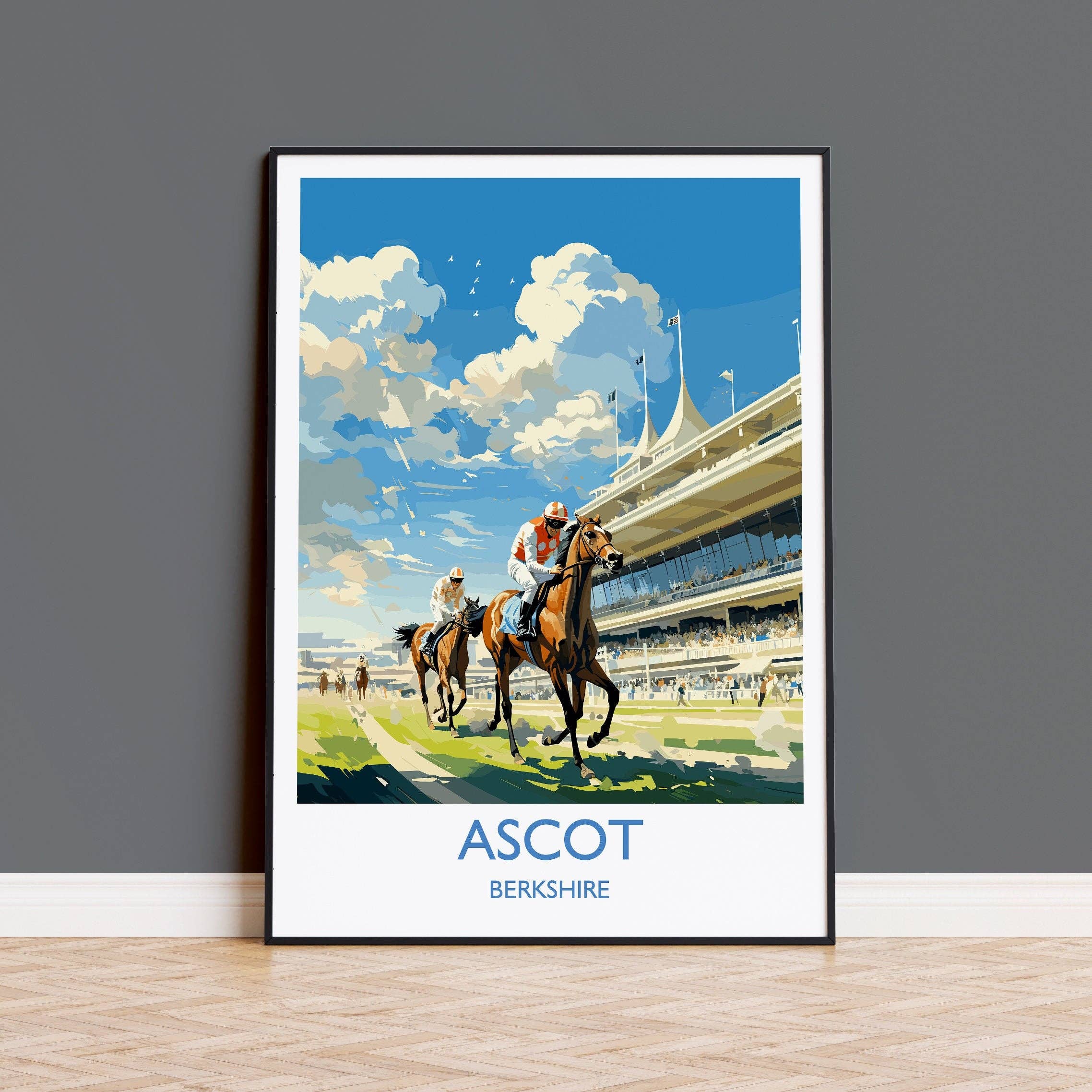 NQ Media Designs - Vente Affiche d'art - Affiche de voyage Ascot, impression de voyage d'Ascot, Berkshire, Angleterre, cadeau pour les amateurs d'art des courses d'Ascot, Windsor0