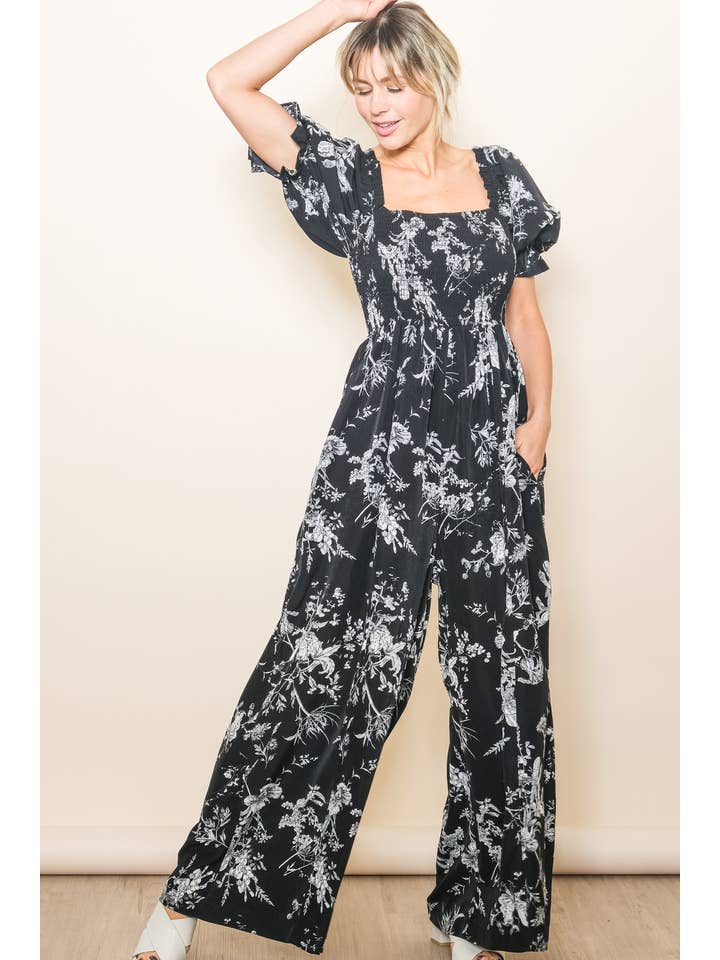 Elloh Collection - Wholesale Jumpsuit - Women's - Square Neck Puff Sleeve Wide Leg Antique Floral Jumper 1