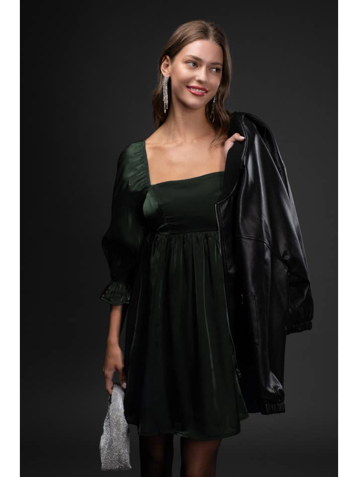 Blu Pepper - Wholesale Dress - Women's - SHIMMER SATIN 3/4 SLEEVE BABYDOLL MINI DRESS